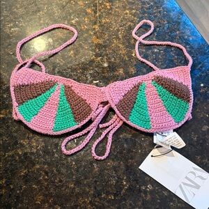 ZARA Pink Crochet Bikini Top with Green and Brown Fan Panels